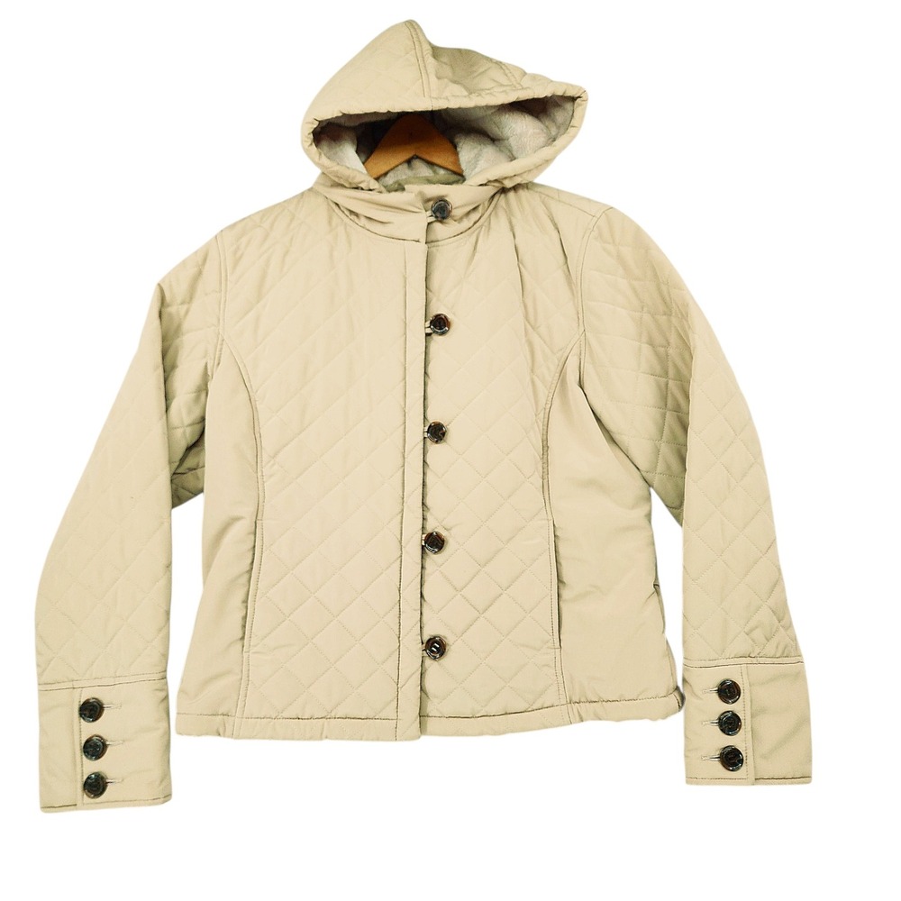 Calvin Klein Quilted Jacket XL Women Beige Faux Fur Lined Removable Hood School